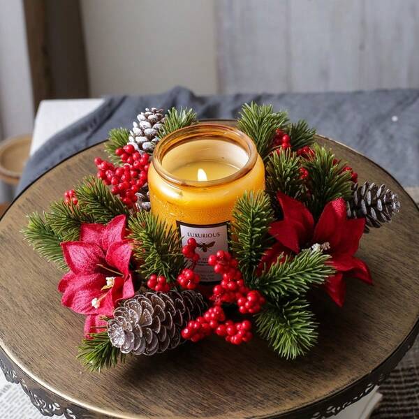1/2pcs Christmas Decor - Farmhouse Candle Holders, Scented Pinecone Wreath & Rustic Ornaments, Cozy Tabletop Centerpiece For Fireplace Mantel & Holiday Dining(No Candles)