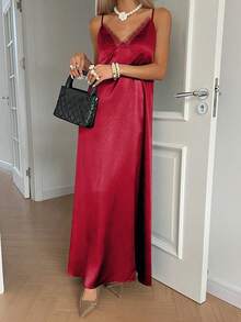 2025年新款女士秋季服装 - 优雅黑色缎面吊带裙 | 女士秋季穿搭 | 露背系带长裙 | 定制蕾丝装饰 | 复古富贵风格 | 适合派对、外出、通勤、商务休闲及日常穿着 | 万圣节和圣诞节必备 | 秋冬必备夏季单品 - 紅色 - 查看 3