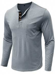 Plus Size Men's Spring & Autumn Long Sleeve Henley Casual T-Shirt, Fall - Grey - View 4