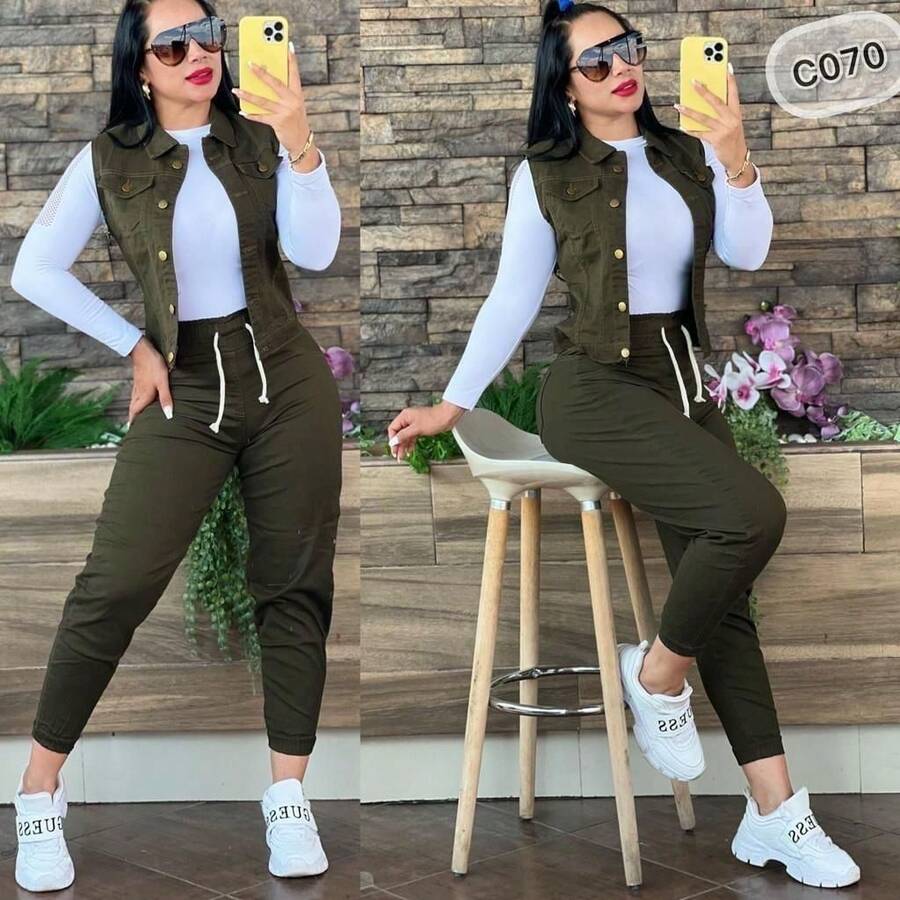 conjunto de dama de 3 piezas chaleco playera manga larga y pantalon - Verde militar - Ver 1