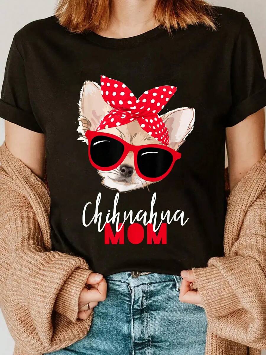 100% Cotton Chihuahua Shirt Funny Dog Shirt Mom Sunglasses Dog Lover Tee T-Shirt Women's Men's Summer Vacation Soft Tee Relaxed Fit Classic Comfort Tops - Black - View 1