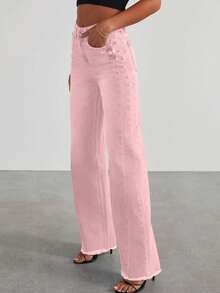 Women's Spring Fall Fashion Wide Leg Jeans High Waist Elastic Loose Frayed Edge Denim Wide Leg Pants With Pockets - Hồng - Xem 3