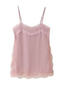 Women Lace Trim Satin High Low Tops Silk Spaghetti Strap Side Split Asymmetrical Cami Top Flowy Silky Layering Tops - Hồng - Xem 6