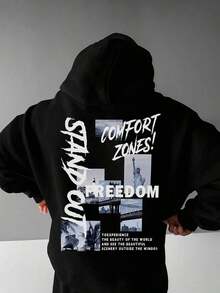 Men's Autumn/Winter New Streetwear Statue Of Liberty, Architecture Graphic Patchwork English Slogan Print Fleece Hoodie - 黑色 - 查看 1
