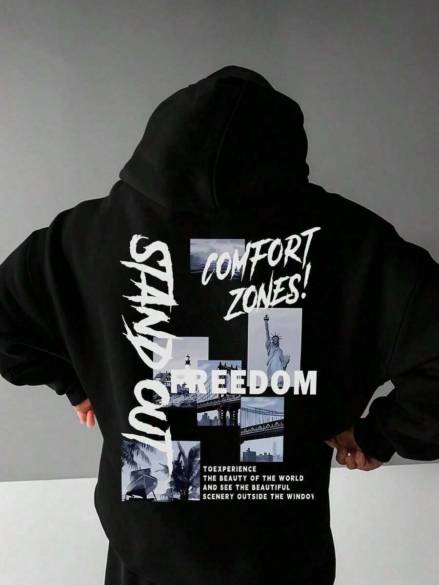 Men's Autumn/Winter New Streetwear Statue Of Liberty, Architecture Graphic Patchwork English Slogan Print Fleece Hoodie - 黑色 - 查看 1
