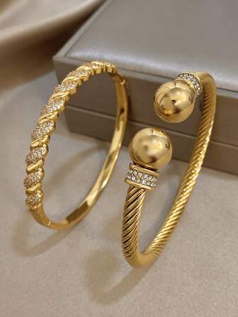 Elegant lyxigt zirkoniaarmband gyllene tvinnat öppet armband för kvinnor stapelbart rostfritt stålarmband för dagligen festsmycken jul halloween födelsedagsset presenter