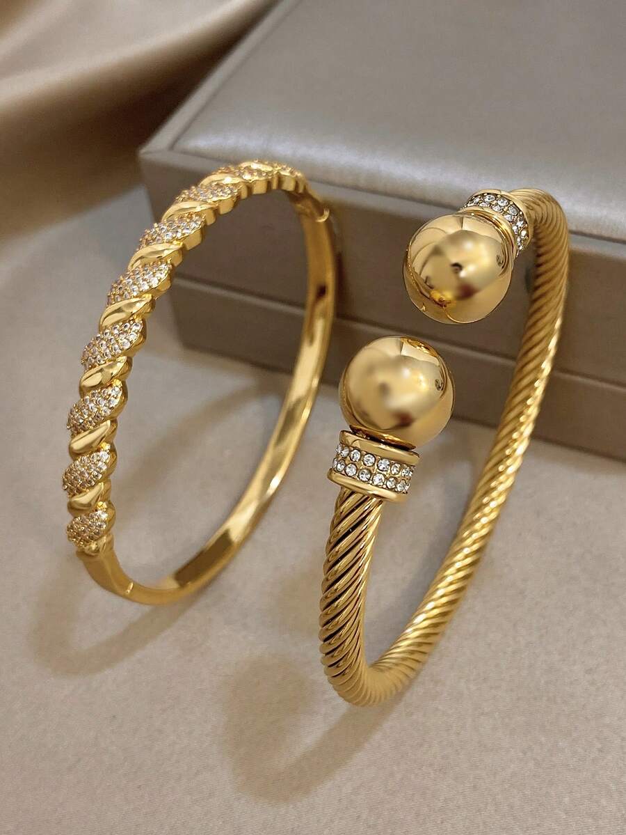 Pulsera de lujo elegante con circonita, pulsera abierta de acero inoxidable trenzada en dorado para mujer, pulsera apilable para uso diario, fiesta, joyería, regalos de Navidad, Halloween y cumpleaños - Multicolor - Ver 1