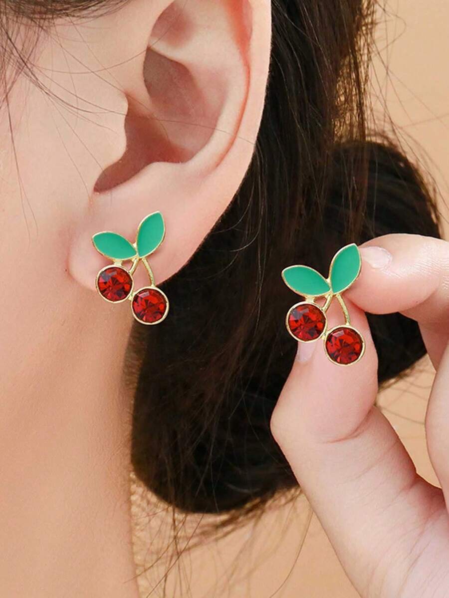 1 Pair Minimalist Drip Oil Cute Sweet Red Cherry Elegant Versatile High-End Design Earrings, Suitable For Autumn/Winter