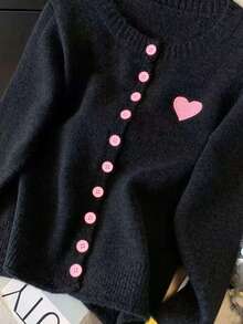 Minimalist Color Block Embroidered Round Neck Button Front Fashionable Heart Knit Top Pink - Pink - View 4