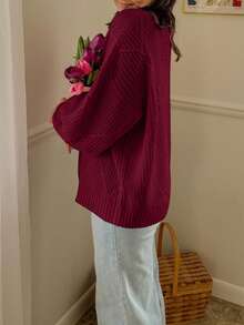 女士宽松纯色长袖粗针织毛衣，圆领，保暖厚实，适合秋冬季节穿着，可爱休闲，日常百搭，秋季/冬季皆宜。 - 酒紅色 - 查看 4
