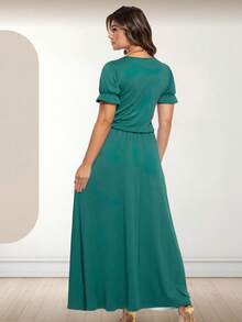 Vestido Longo com Mangas Bufantes e Saia Godê –Moda Feminina - Verde - Visão 2