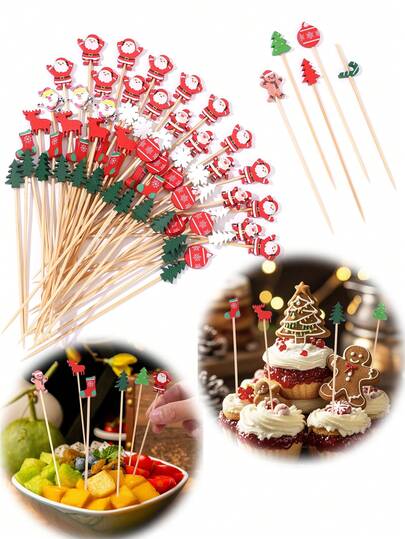 100pcs Christmas Disposable Fruit Picks, Christmas Tree, Santa Claus, Snowflakes, Gingerbread Men Patterns Cocktail Sticks, Multifunctional Christmas Cake Toppers For Christmas Party Fruit Cocktail Cake Decoration(Mixed Patterns).