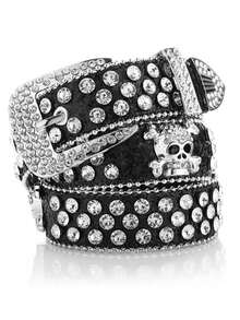 Women's Shiny Street Fashion Leather Belt With Skull & Rhinestone Decor Summer, School Fall, Autumn, Halloween - 黑色 - 查看 1