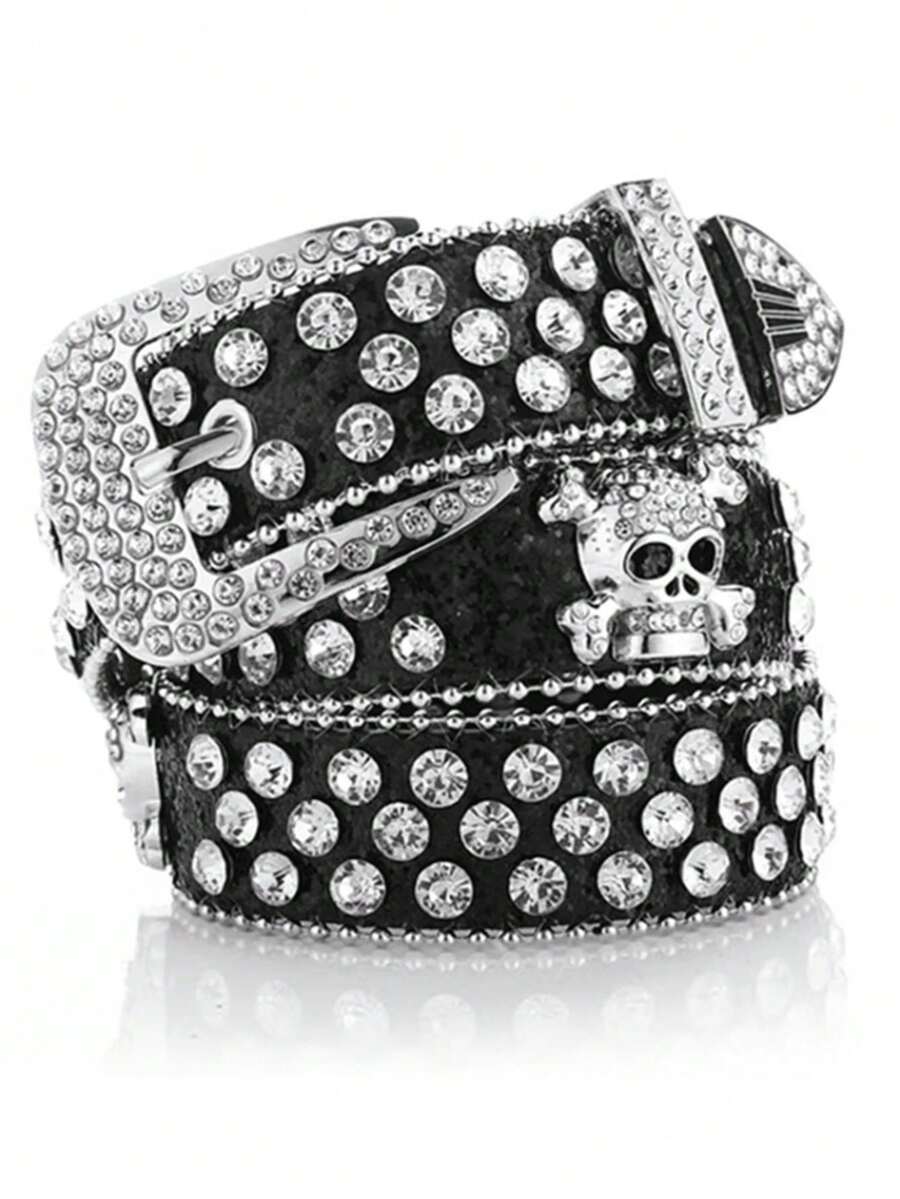 Women's Shiny Street Fashion Leather Belt With Skull & Rhinestone Decor Summer, School Fall, Autumn, Halloween - 黑色 - 查看 1