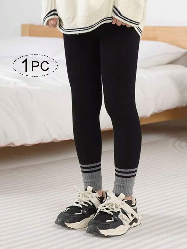 1pc Girls Cropped Leggings, Gray & Black Color Block, Striped Pattern, Minimalist, Fashionable, Versatile, Suitable For Daily Wear, School, Girls, Spring, Autumn, All Season