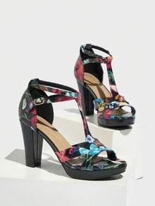 Women's High Heel Shoes With Floral Pattern, Featuring Criss-Cross Straps, Hollow-Out Design, Black Color, Platform Thick Sole, Open Toe And Heel, Buckle Closure, Chunky Heel, Charming For Party, Banquet, Elegant And Unique Women Shoes