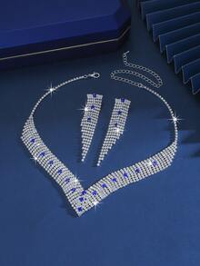 1 set de boucles d'oreilles en cuivre super brillantes avec strass et gland, collier en forme de V avec incrustation de pierres précieuses, convient pour les fêtes et événements, 5 options de couleurs