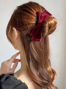 1pc Women's Black Velvet Bow Hair Scrunchie, Suitable For Daily Use ,Ponytail Holders ,Hair Elastics ,Hair Rubber Bands ,Hair Rope - Burgundy - View 4