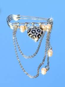 1pc Fashionable Cubic Zirconia Leopard Print Brooch, 1pc Shiny Copper Inlaid Zirconia Heart-Shaped Pendant, 1pc Exaggerated Leopard Heart-Shaped Pendant, 1pc Pearl Chain Brooch. Fashionable Street Decoration Pendant & Brooch, Can Be Decorated On Clothes, Pants, Shoes Or Bags, Fashionable Accessory, Ideal Gift For Friends. Valentines,Mom,Mother,Mother's Day,Gift - Fashion Chain Rhinestone Brooch - View 3