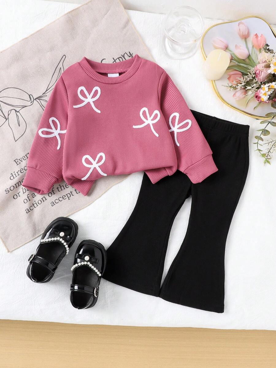 2 件女婴舒适紫红色长袖上衣 + 黑色裤子套装，秋冬