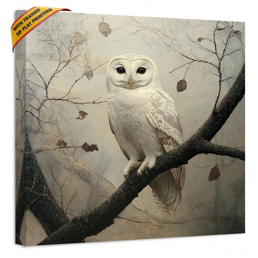 1pc 40*40cm(16x16inch) Canvas Framed Wall Art Print Rustic Snow Owl Winter Scene Woodland Animals For Home Office Bathroom Living Room Hallway Dining Room Cafe Bedroom Decoration.Stretched And Framed Ready To Hang. - 白色 - 查看 1