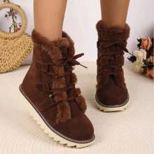 New Women's Winter Velvet Mid-Calf Warm Boots, Snow Boots, Fashionable And Versatile Lace-Up Non-Slip Thick-Soled Boots - 棕色 - 查看 4