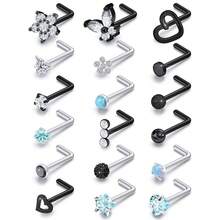 Surgical Steel Nose Ring 20G - Hypoallergenic Nose Studs With Cute Flat Opal Flower Diamond Heart - Straight L Shaped Purple, Pink, Black, Silver For Women Men Gift{"Color_name":"BlacklshapedNoseRingsStuds20G"} - 黑色L型鼻環耳環20G - 查看 1