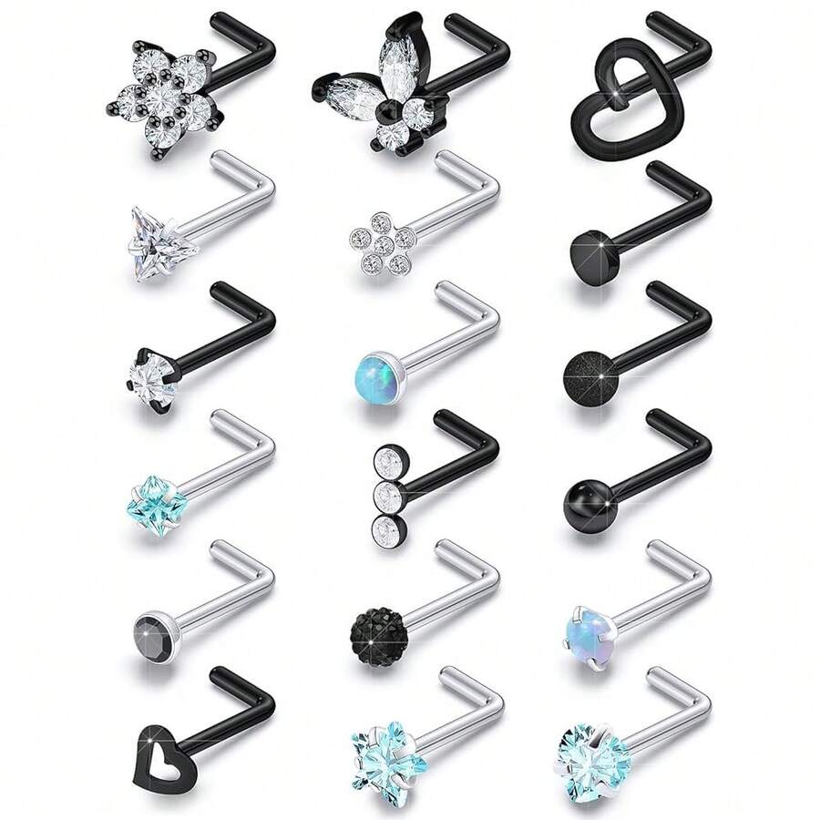 Surgical Steel Nose Ring 20G - Hypoallergenic Nose Studs With Cute Flat Opal Flower Diamond Heart - Straight L Shaped Purple, Pink, Black, Silver For Women Men Gift{"Color_name":"BlacklshapedNoseRingsStuds20G"} - 黑色L型鼻環耳環20G - 查看 1
