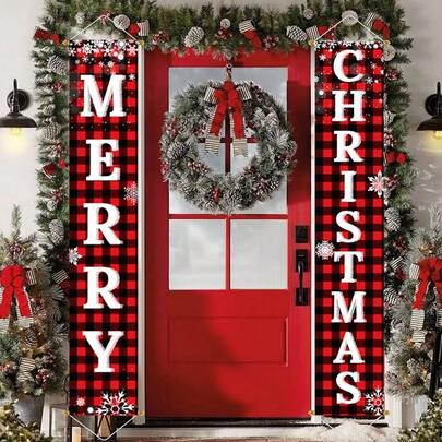 180cm Christmas Decoration Outdoor Patio Front Porch Sign Set, Red And Black Lattice Door Banner, Home Hanging Merry Christmas Decoration, Indoor And Outdoor Christmas Decoration Wall Front Door Patio Garage