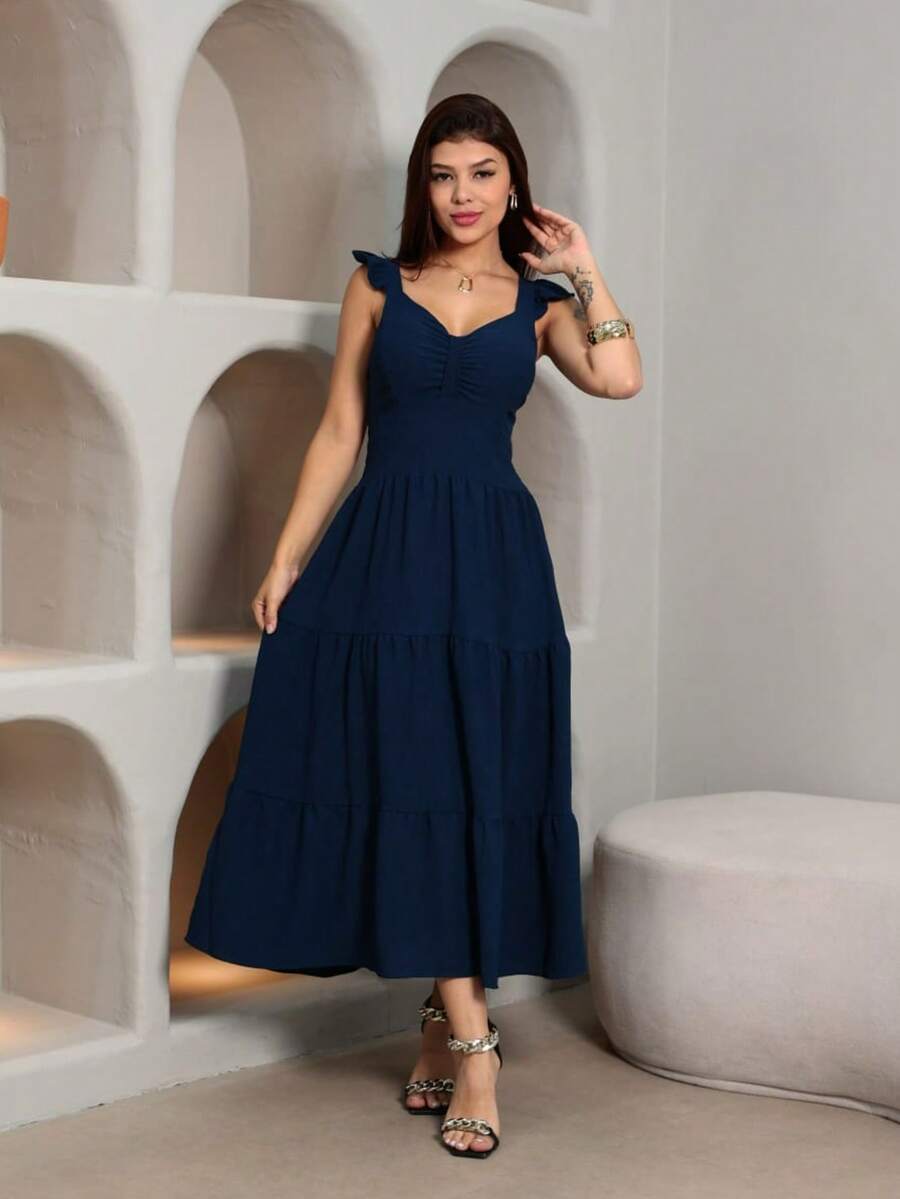 Duna Luxury Midi Dress, Plain, Gathered, With Ruffle On The Sleeve - Màu xanh hải quân - Xem 1