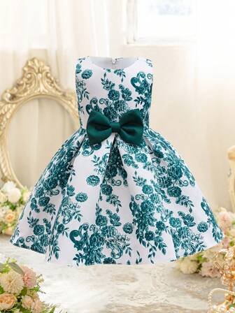 EHOMKIDS Girls Dress, Toddler Bowknot Sleeveless Print Midi Dress, Young Girl Wedding Party Formal Gown