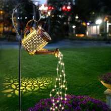 1 pieza Regadera solar con luces, Tetera de metal retro con luces, Luz de decoración de jardín exterior, Luces solares para senderos, césped, patio y terraza - Amarillo - Ver 12