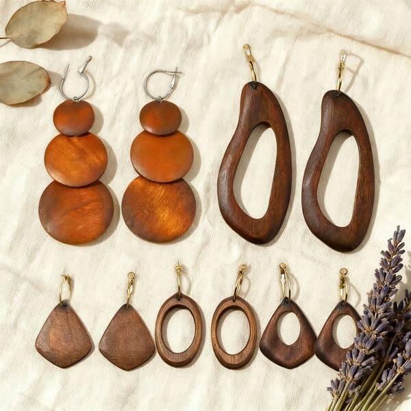 5 أزواج/طقم من أقراط خشبية بنية عتيقة متدلية للنساء