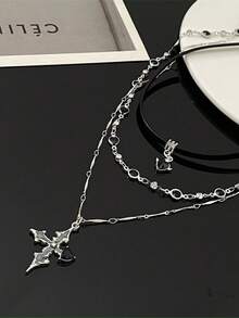 1 Set Sexy Chic Heart & Cross Pendant Necklace, Multi-Layer Chain Choker Necklace, Ideal Jewelry Gift For Women, Suitable For Daily Wear
