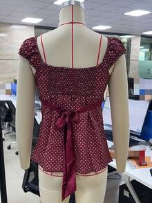 Women Fairy Grunge Y2k Babydoll Shirt Cap Sleeve Micro Polka Dot Tie Back Flowy Babydoll Top Preppy Clothes - 藍色 - 查看 9