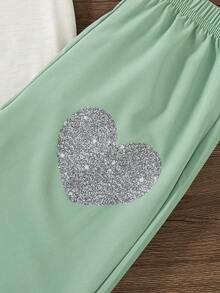 2pcs/Set Pakaian Kasual Sehari-hari Anak Perempuan Motif Hati Potongan Reguler Leher Bulat Lengan Pendek dan Celana Panjang, Musim Panas - Hijau - View 7