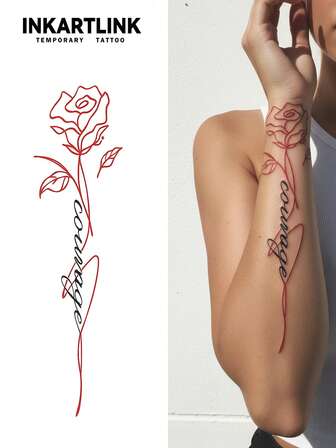 INKARTLINK INKARTINK Red Line Drawing Rose Artistic Tattoo, Realistic Waterproof Lasting 2-5 Days, Colorful Water Transfer Temporary Tattoo Sticker, Niche Design Decoration Sticker