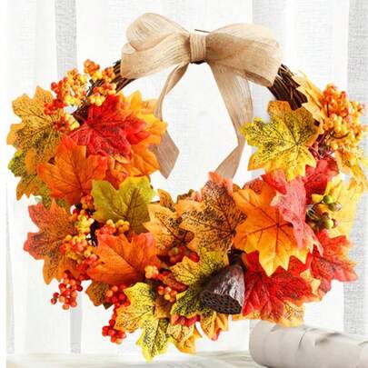 1 Piece, 45cm Artificial Maple Leaf Wreath, Autumn-Colored Vine Wreath, Wall Decoration For Thanksgiving, Material: PVC - For Patio Parties, Outdoor Garden Decoration