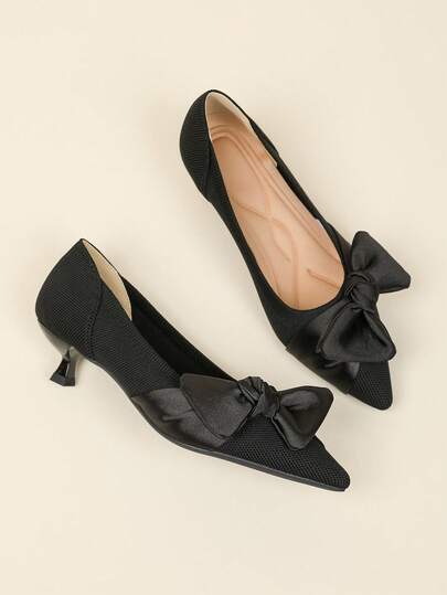 Sapatilhas Femininas de Bico Fino Slip-On, Cor Sólida em Malha, Novo Laço Decorativo Casual Plus Size, Salto Gatinho Francês de 4cm, Sapatos Sociais Adoráveis