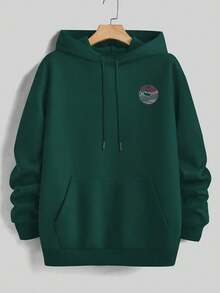 Men's Casual Street Vintage Surfing Culture Print Fleece Hoodie, Autumn/Winter - Green - View 6