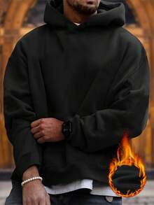 GRDR Men's Casual Street Hooded Sweatshirt, Solid Color With Thermal Lining, Loose Fit, Autumn/Winter - Hitam - View 5