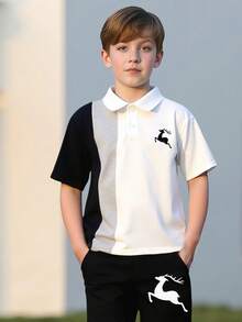 2pcs/Set Tween BoySummer Short Sleeve Polo Shirt & Elastic Cuff Pants Set, Deer Print Colorblocked Casual Outfit
