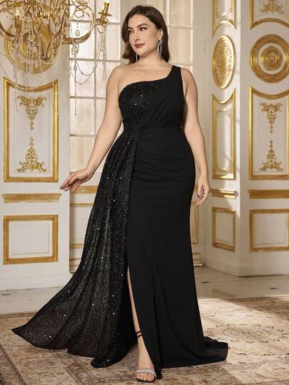 UNITHORSE 大码女式无袖亮片拼接露背高开衩腰收腰鸡尾酒会连衣裙