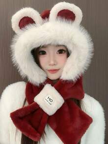 Süßer kleiner Bären Hut und Schal in einem, Damen Herbst und Winter neue vielseitige, dicke, warme und kälteresistente Reit-Plüschschal, Mädchen Cartoon Outdoor Festival regulärer gestrickter Hut, für Weihnachten