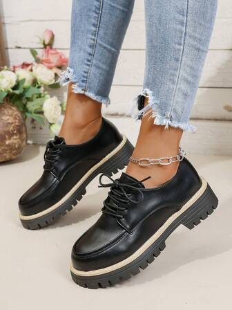 Women's Fashion Matte Slip-On Lace-Up Black Loafers, Casual Work Oxfords, Student Campus Style Platform & Thick Sole Flats