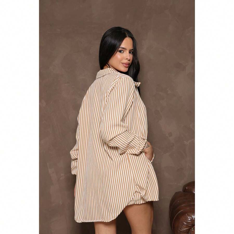 Three Piece Set Simple Striped All-Over Print Asymmetrical Twisted Pocket Beach Home Holiday Summer - 米色 - 查看 1