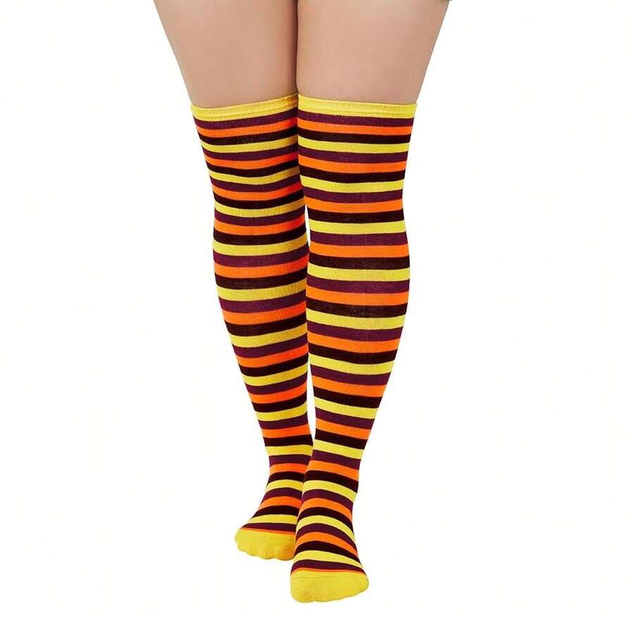Zando Plus Size Thigh High Socks For Thick Thighs Women Striped Thigh High Stockings Over The Knee Socks Leg Warmers{"Size_name":"OneSizePlus","Color_name":"ThanksgivingYellow"} - 感恩節黃色 - 查看 1