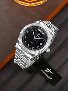 1 件 RICECGO 男士经典石英钢带手表带日历显示，适合日常佩戴、商务会议，高端精致，馈赠佳品