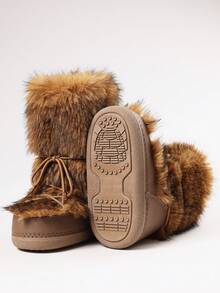 Faux Fur Snow Boots For Women Fuzzy Fluffy Furry Lace Up Mid Calf Boots Winter Warm Fur Boots For Christmas - 棕色2 - 查看 10