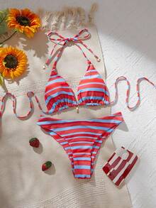 女士性感时尚条纹两件式泳衣，夏季沙滩比基尼套装，随机印花度假款 - 彩色 - 查看 2